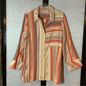 Soft Surroundings Tunic Top Women XL Striped Metallic Maddalena Button Up Blouse